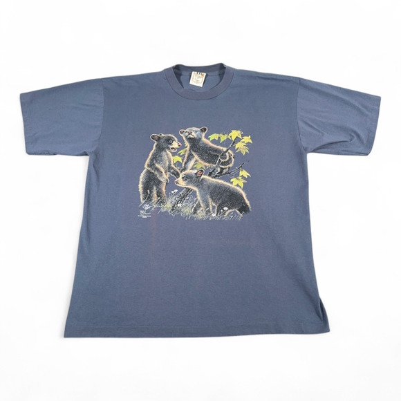 Vintage Bear Cub Shirt Adult EXTRA LARGE Blue Nature Diversity Art USA Made Y2K - Picture 1 of 10